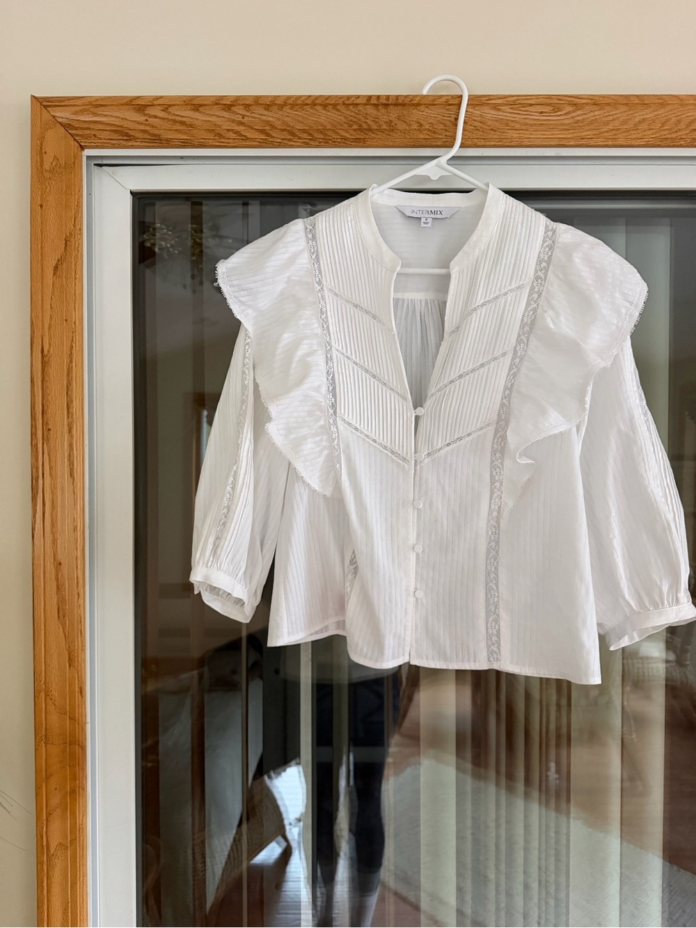 Intermix White Ruffle-Trim Button Front Cotton Blouse